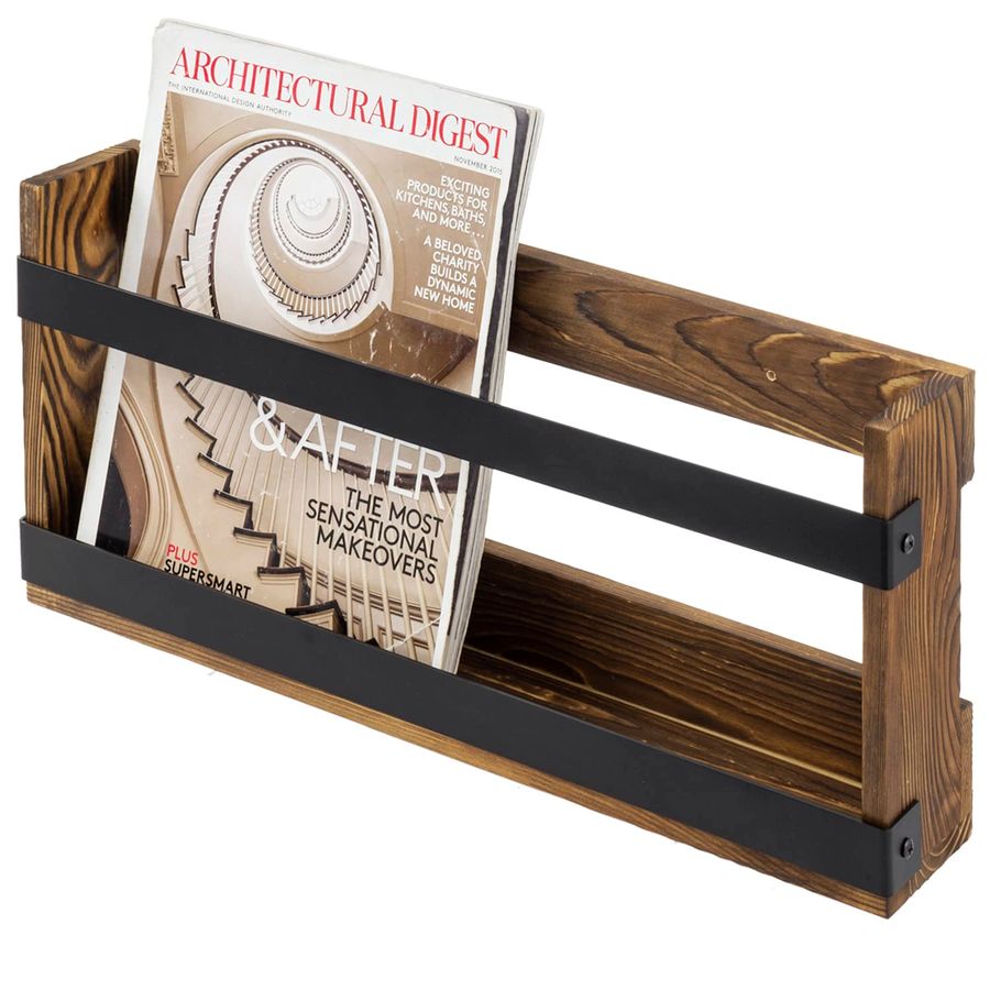 Magazine Holder Rack - Rustic Burnt Solid Wood and Industrial